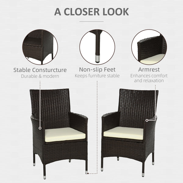 2 Pieces Outdoor PE Rattan Dining Chairs Set with Cushion, Garden Armchair with Armrests, High Backrest, Metal Frame Patio Wicker Furniture, Coffee