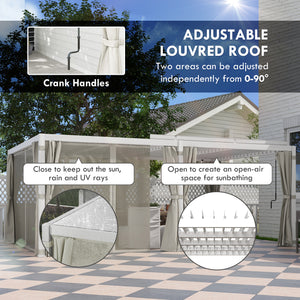 Outsunny 12' x 19' Louvered Pergola Hardtop Gazebo with Adjustable Aluminum Roof and Frame, Outdoor Pergola with Curtains and Netting, for Garden, Lawn, Backyard, and Deck, Cream White