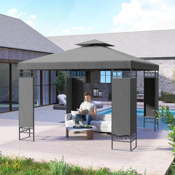 10 x 10 FT Canopy Gazebo, Double Roof Outdoor Gazebo with Screen Panels and Metal Frame, Patio Gazebo for Poolside, Garden, Deck, Backyard, Dark Grey