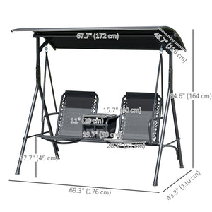 2 Person Covered Porch Swing Patio Swing with Pivot Storage Table, Cup Holder, & Adjustable Overhead Canopy, Black