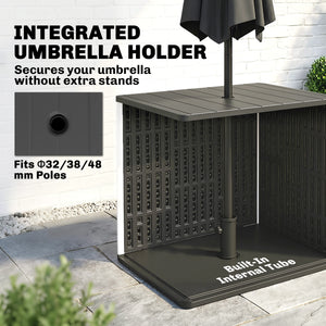 30 Gallon Outdoor Storage Box, Outdoor Side Table with Umbrella Holder, HDPE Deck Box Garden Storage Container for Balcony, Porch, Poolside