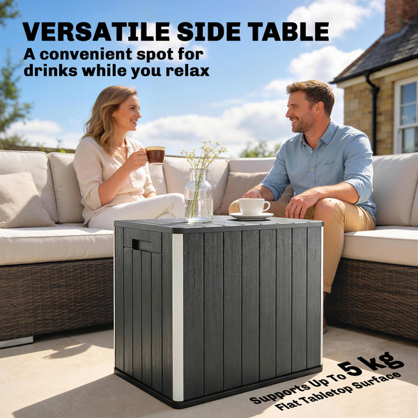 30 Gallon Outdoor Storage Box, Outdoor Side Table with Umbrella Holder, HDPE Deck Box Garden Storage Container for Balcony, Porch, Poolside