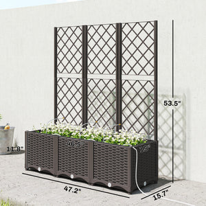 3PCS Plastic Planter Box with Trellis, Self-Watering Raised Garden Bed with Trellis and Automatic Watering Timer Kit, Outdoor Raised Planter with Drainage Holes, Plugs and Water Reservoir