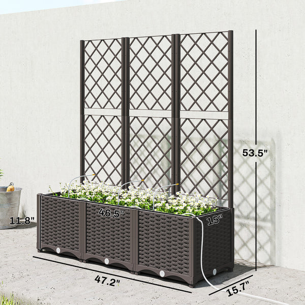 3PCS Plastic Planter Box with Trellis, Self-Watering Raised Garden Bed with Trellis and Automatic Watering Timer Kit, Outdoor Raised Planter with Drainage Holes, Plugs and Water Reservoir