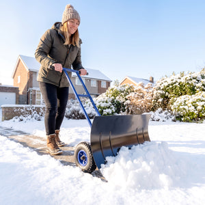 Snow Shovel with Wheels, 29" x 18" Heavy Duty Metal Snow Pusher with 5-Level Adjustable Handle, 7-Angle Blade, Bottom Wear Strip for Driveway, Sidewalks, Garden, Deck, Blue