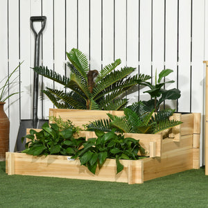3-Tier Raised Garden Bed with 5 Compartments and Bed Liner, Fir Wood Elevated Planter Box, for Vegetables, Herbs, Outdoor Plants, 37 x 37 x 14in, Natural