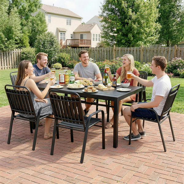 Garden Table and Chairs Set for 6 with Umbrella Hole, 7 Pieces Outdoor Dining Set with Rectangular Metal Slatted Tabletop and Stackable Chairs for Patio Porch, Black