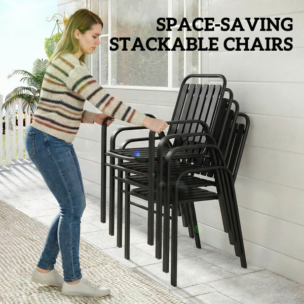 Garden Table and Chairs Set for 6 with Umbrella Hole, 7 Pieces Outdoor Dining Set with Rectangular Metal Slatted Tabletop and Stackable Chairs for Patio Porch, Black