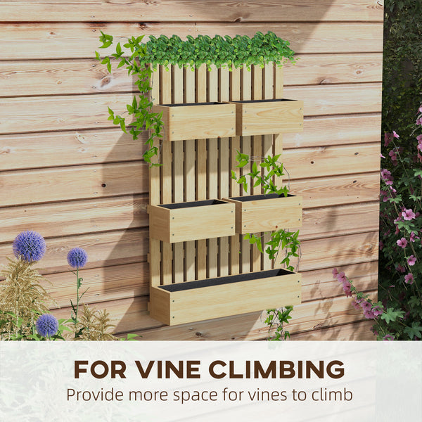 Outsunny 5 Box Raised Garden Bed with Trellis for Vine Flowers & Climbing Plants, 39" Tall Wall-Mounted Wood Planter Box Set with Adjustable Height, Drainage Hole, Natural