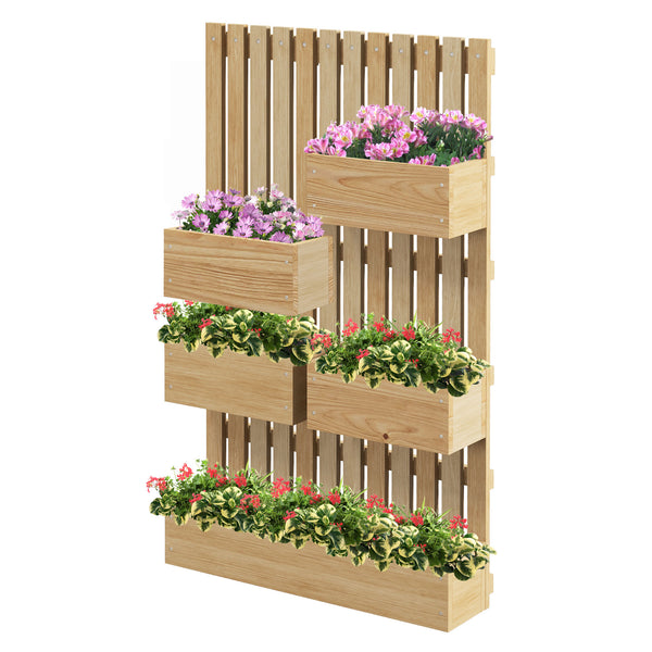 Outsunny 5 Box Raised Garden Bed with Trellis for Vine Flowers & Climbing Plants, 39" Tall Wall-Mounted Wood Planter Box Set with Adjustable Height, Drainage Hole, Natural