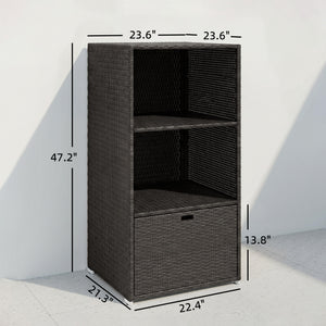 Valet Pool Towel Rack, Water-Resistant PE Plastic Rattan Wicker Storage Organizer, Indoor Outdoor Spa, and Hot Tub Accessory Storage, 2 Shelves, 1 Basket Drawer, Dark Brown