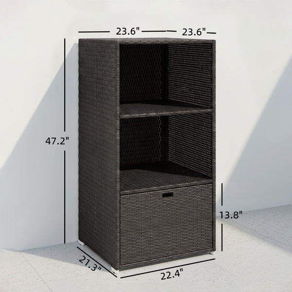 Valet Pool Towel Rack, Water-Resistant PE Plastic Rattan Wicker Storage Organizer, Indoor Outdoor Spa, and Hot Tub Accessory Storage, 2 Shelves, 1 Basket Drawer, Dark Brown