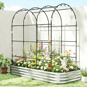 Galvanised Raised Garden Bed with Arched Trellis, 7 x 4 x 7ft Metal Outdoor Planter Box with Open Bottom Design, Modular Raised Bed with Gloves, Easy Assembly, Silver