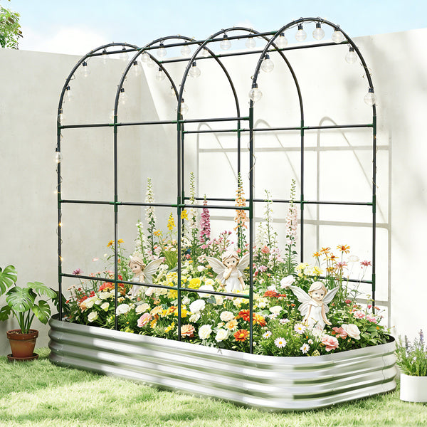 Galvanised Raised Garden Bed with Arched Trellis, 7 x 4 x 7ft Metal Outdoor Planter Box with Open Bottom Design, Modular Raised Bed with Gloves, Easy Assembly, Silver