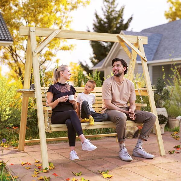 3 Seat Porch Swing with Stand, Wooden Patio Swing Chair with Side Tables and Metal Chains, Outdoor Swing Bench for Garden, Poolside, Backyard, Natural Wood