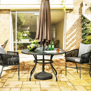Garden Table with Parasol Hole, Outdoor Dining Garden Table for Four Persons, Round Patio Table with Slatted Metal Top, Black