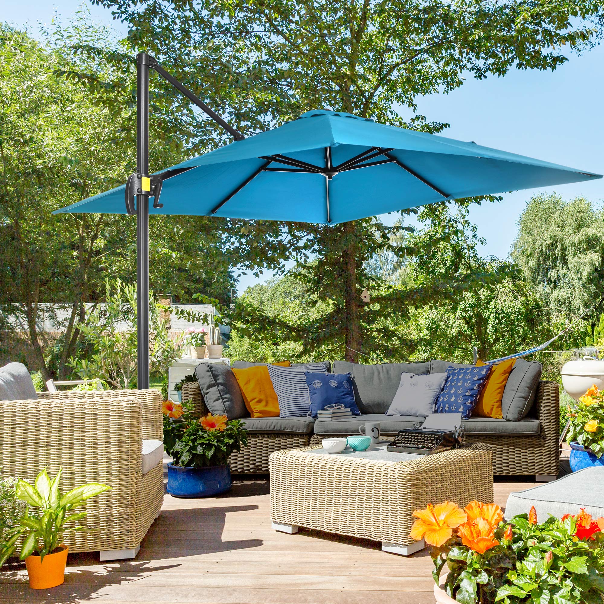 8 ft. square aluminum cantilever offset outdoor patio umbrella assembly Outsunny 8'x 8' Square Cantilever Umbrella with 360° Rotation & Tilt, Turquoise