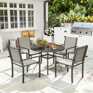 5 Piece Garden Furniture Set, Garden Dining Set with Round Table and 4 Stackable Chairs, Steel Frame, for Outdoor, Patio, Terraces, Dark Grey