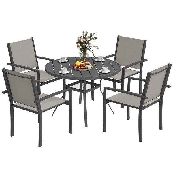 5 Piece Garden Furniture Set, Garden Dining Set with Round Table and 4 Stackable Chairs, Steel Frame, for Outdoor, Patio, Terraces, Dark Grey