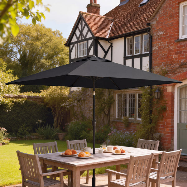 3x2m Garden Parasol, Parasol Umbrella with Crank Handle, Tilt Function, Polyester Canopy, Outdoor Table Umbrella for Patio, Garden, Black