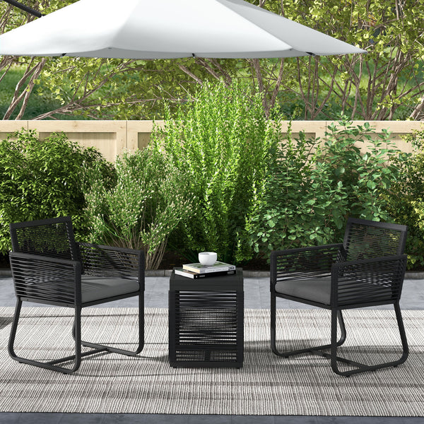3 Pieces Wicker Patio Furniture Set, Rattan Bistro Set with Glass Top Coffee Table and Cushions, Outdoor Conversation Set for Garden, Porch, Balcony, Black