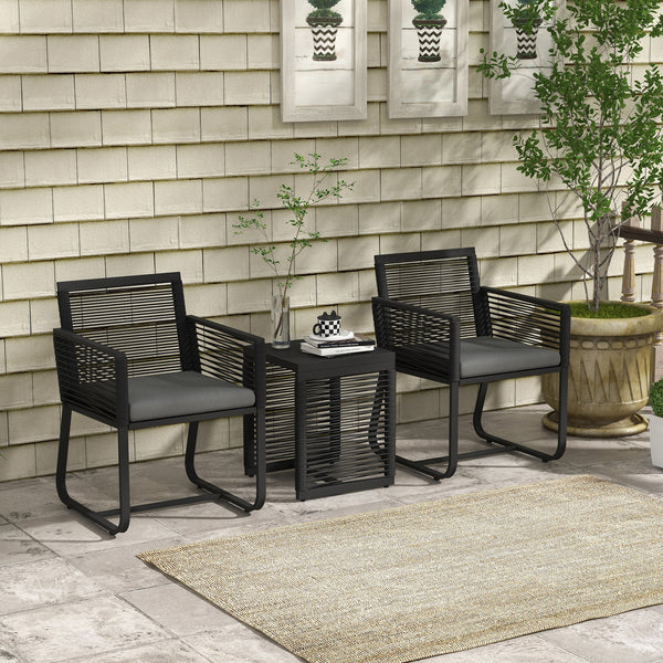 3 Pieces Wicker Patio Furniture Set, Rattan Bistro Set with Glass Top Coffee Table and Cushions, Outdoor Conversation Set for Garden, Porch, Balcony, Black