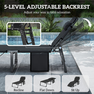 Lounge Chair Outdoor, 75 cm Wide Folding Chaise Lounge Tanning Chair, 5-Position Beach Patio Lounger Camping Cot Bed with Cushion, Side Pocket, Dark Grey/Blue