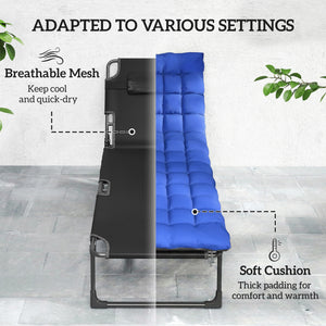 Lounge Chair Outdoor, 75 cm Wide Folding Chaise Lounge Tanning Chair, 5-Position Beach Patio Lounger Camping Cot Bed with Cushion, Side Pocket, Dark Grey/Blue