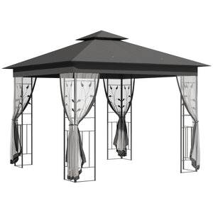 3(m) x 3(m) Garden Gazebo, Double Roof Outdoor Gazebo Canopy Shelter with Netting, Solid Steel Frame, for Garden, Lawn and Deck, Grey