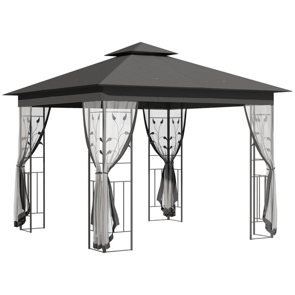 3(m) x 3(m) Garden Gazebo, Double Roof Outdoor Gazebo Canopy Shelter with Netting, Solid Steel Frame, for Garden, Lawn and Deck, Grey