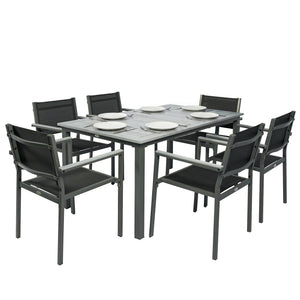 Garden Dining Set with Acacia Wood Table Top, Outdoor Table and Stackable Chairs Set for 6 with Texteline Seat, for Patio, Conservatory, Terrace, Grey