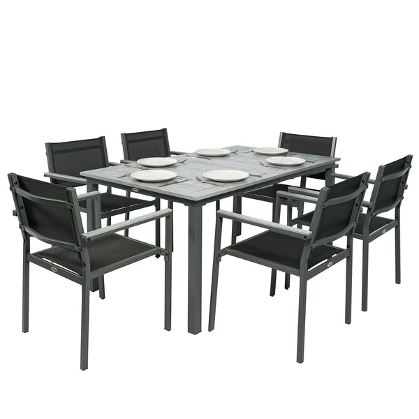 Garden Dining Set with Acacia Wood Table Top, Outdoor Table and Stackable Chairs Set for 6 with Texteline Seat, for Patio, Conservatory, Terrace, Grey