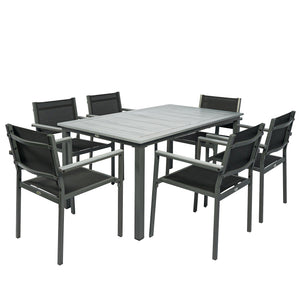 Garden Dining Set with Acacia Wood Table Top, Outdoor Table and Stackable Chairs Set for 6 with Texteline Seat, for Patio, Conservatory, Terrace, Grey