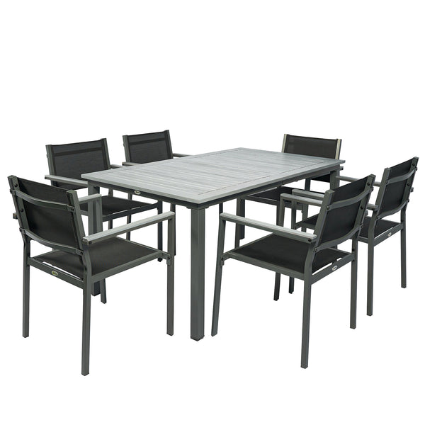 Garden Dining Set with Acacia Wood Table Top, Outdoor Table and Stackable Chairs Set for 6 with Texteline Seat, for Patio, Conservatory, Terrace, Grey