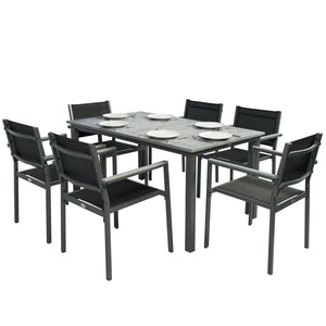 Garden Dining Set with Acacia Wood Table Top, Outdoor Table and Stackable Chairs Set for 6 with Texteline Seat, for Patio, Conservatory, Terrace, Grey