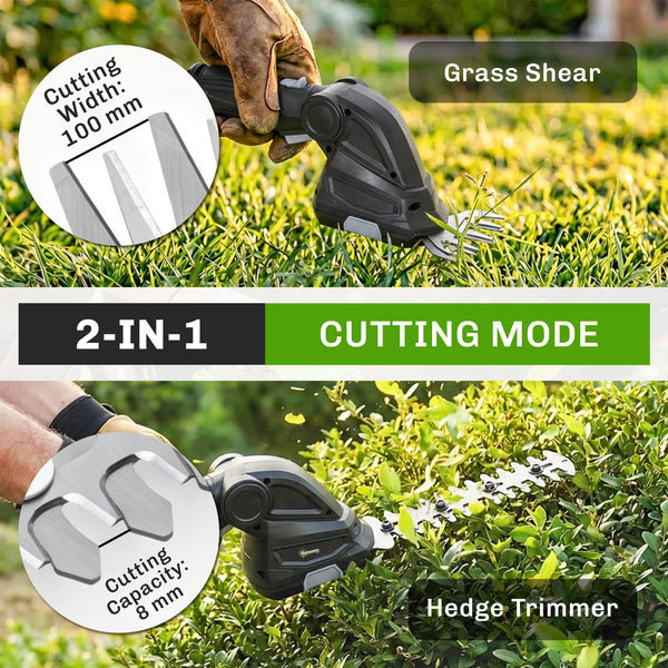 2-in-1 Cordless Hedge Trimmer & Grass Shear with 7.2V 2 x Rechargeable 2000mAh Batteries, 2 Changeable Blades, Charger, Lightweight Handheld Cutter for Bushes, Branches, Shrubs, Lawn Edging