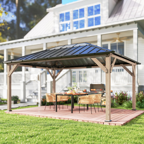 12' x 16' Hardtop Gazebo with Galvanized Steel Roof, Wood Permanent Pavilion Canopy Shelter with Clear Roof Top, UPF50+ Protection, Ceiling Hooks for Lawn, Backyard, Deck, Light Walnut