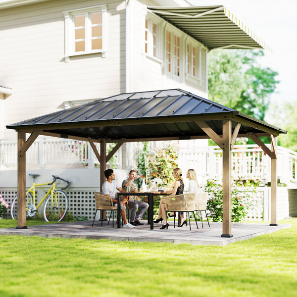 12' x 16' Hardtop Gazebo with Galvanized Steel Roof, Wood Permanent Pavilion Canopy Shelter with Clear Roof Top, UPF50+ Protection, Ceiling Hooks for Lawn, Backyard, Deck, Light Walnut