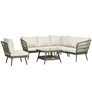 5 Pieces Outdoor Rattan Corner Sofa, Round and Twin Half-round Wicker Woven Rattan Garden Furniture w/ Thick Padded Cushions and Tempered Glass Top Two-tier Table, Grey