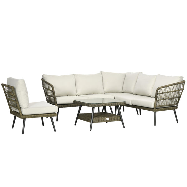5 Pieces Outdoor Rattan Corner Sofa, Round and Twin Half-round Wicker Woven Rattan Garden Furniture w/ Thick Padded Cushions and Tempered Glass Top Two-tier Table, Grey