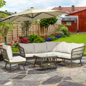 5 Pieces Outdoor Rattan Corner Sofa, Round and Twin Half-round Wicker Woven Rattan Garden Furniture w/ Thick Padded Cushions and Tempered Glass Top Two-tier Table, Grey