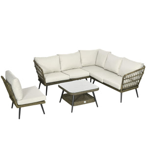 5 Pieces Outdoor Rattan Corner Sofa, Round and Twin Half-round Wicker Woven Rattan Garden Furniture w/ Thick Padded Cushions and Tempered Glass Top Two-tier Table, Grey