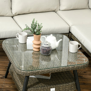 5 Pieces Outdoor Rattan Corner Sofa, Round and Twin Half-round Wicker Woven Rattan Garden Furniture w/ Thick Padded Cushions and Tempered Glass Top Two-tier Table, Grey