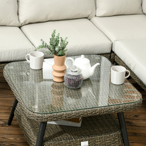 5 Pieces Outdoor Rattan Corner Sofa, Round and Twin Half-round Wicker Woven Rattan Garden Furniture w/ Thick Padded Cushions and Tempered Glass Top Two-tier Table, Grey