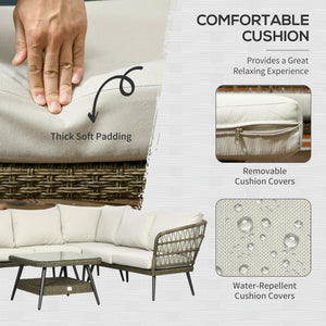 5 Pieces Outdoor Rattan Corner Sofa, Round and Twin Half-round Wicker Woven Rattan Garden Furniture w/ Thick Padded Cushions and Tempered Glass Top Two-tier Table, Grey