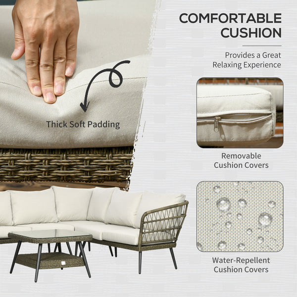5 Pieces Outdoor Rattan Corner Sofa, Round and Twin Half-round Wicker Woven Rattan Garden Furniture w/ Thick Padded Cushions and Tempered Glass Top Two-tier Table, Grey