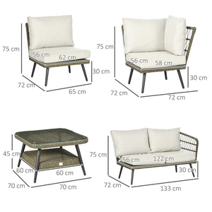 5 Pieces Outdoor Rattan Corner Sofa, Round and Twin Half-round Wicker Woven Rattan Garden Furniture w/ Thick Padded Cushions and Tempered Glass Top Two-tier Table, Grey