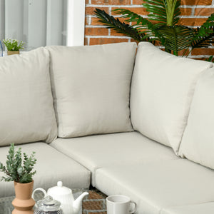 5 Pieces Outdoor Rattan Corner Sofa, Round and Twin Half-round Wicker Woven Rattan Garden Furniture w/ Thick Padded Cushions and Tempered Glass Top Two-tier Table, Grey
