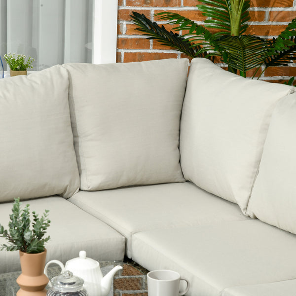5 Pieces Outdoor Rattan Corner Sofa, Round and Twin Half-round Wicker Woven Rattan Garden Furniture w/ Thick Padded Cushions and Tempered Glass Top Two-tier Table, Grey