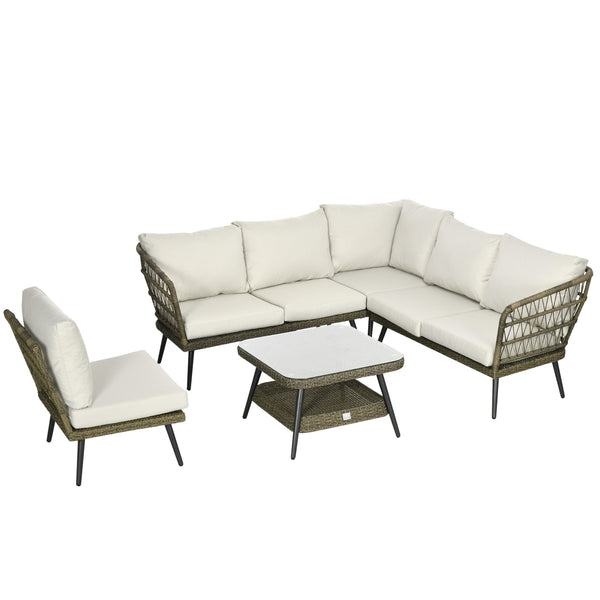 5 Pieces Outdoor Rattan Corner Sofa, Round and Twin Half-round Wicker Woven Rattan Garden Furniture w/ Thick Padded Cushions and Tempered Glass Top Two-tier Table, Grey